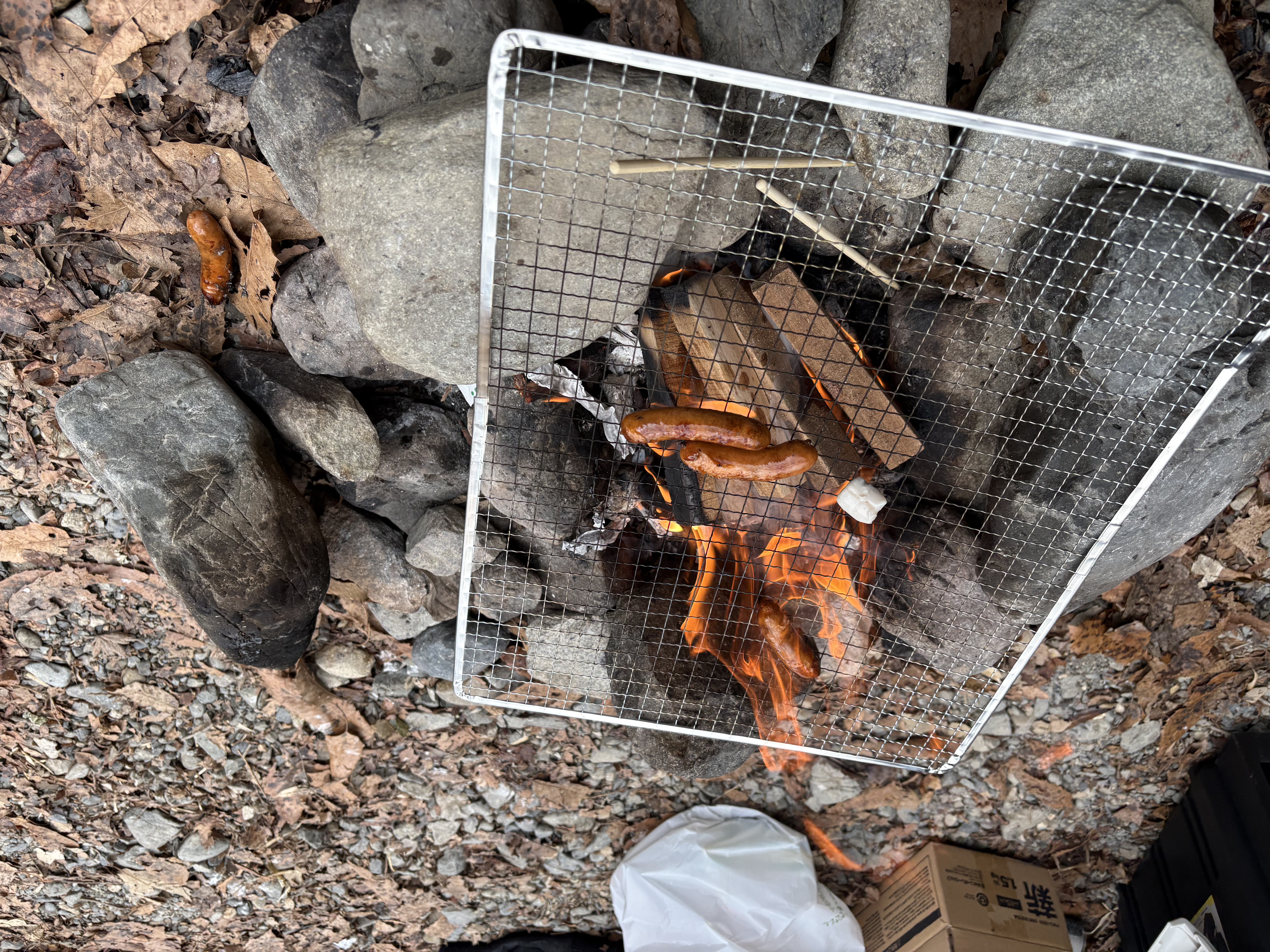 河原で炭火焼きするニジマス