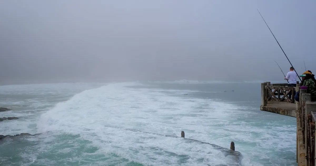 6月の梅雨の堤防釣り - 霧の中で釣り竿を出すアングラー